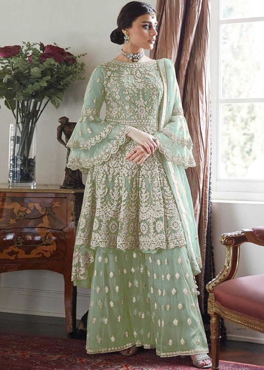 Women' Embroidered Flared Semi Stitched Dress Material With Stitched Bottom and Dupatta