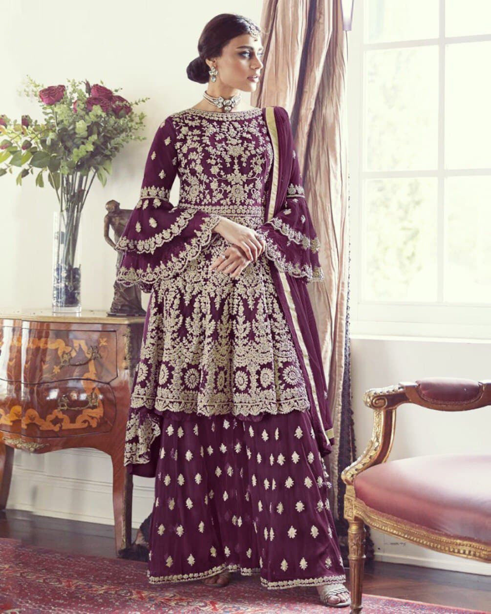 Women' Embroidered Flared Semi Stitched Dress Material With Stitched Bottom and Dupatta