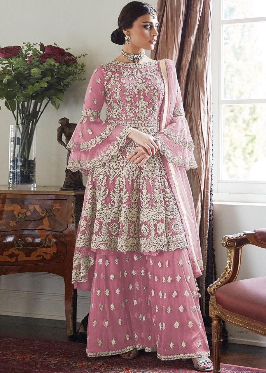 Women' Embroidered Flared Semi Stitched Dress Material With Stitched Bottom and Dupatta