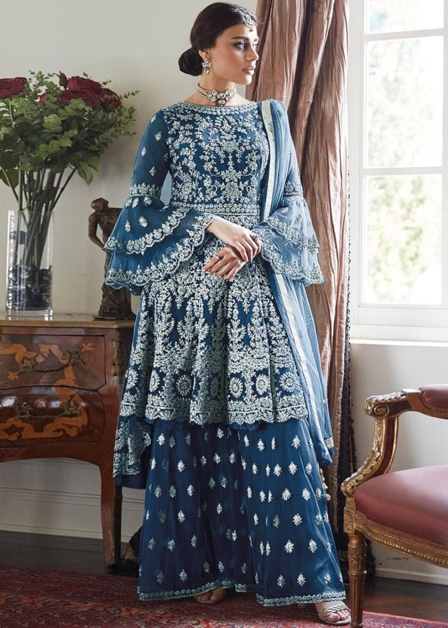 Women' Embroidered Flared Semi Stitched Dress Material With Stitched Bottom and Dupatta