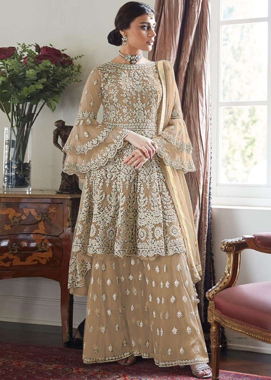 Women' Embroidered Flared Semi Stitched Dress Material With Stitched Bottom and Dupatta