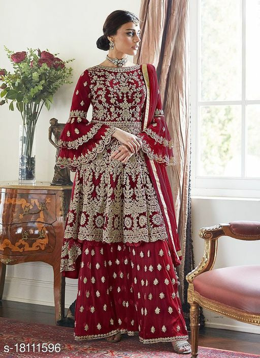 Women' Embroidered Flared Semi Stitched Dress Material With Stitched Bottom and Dupatta