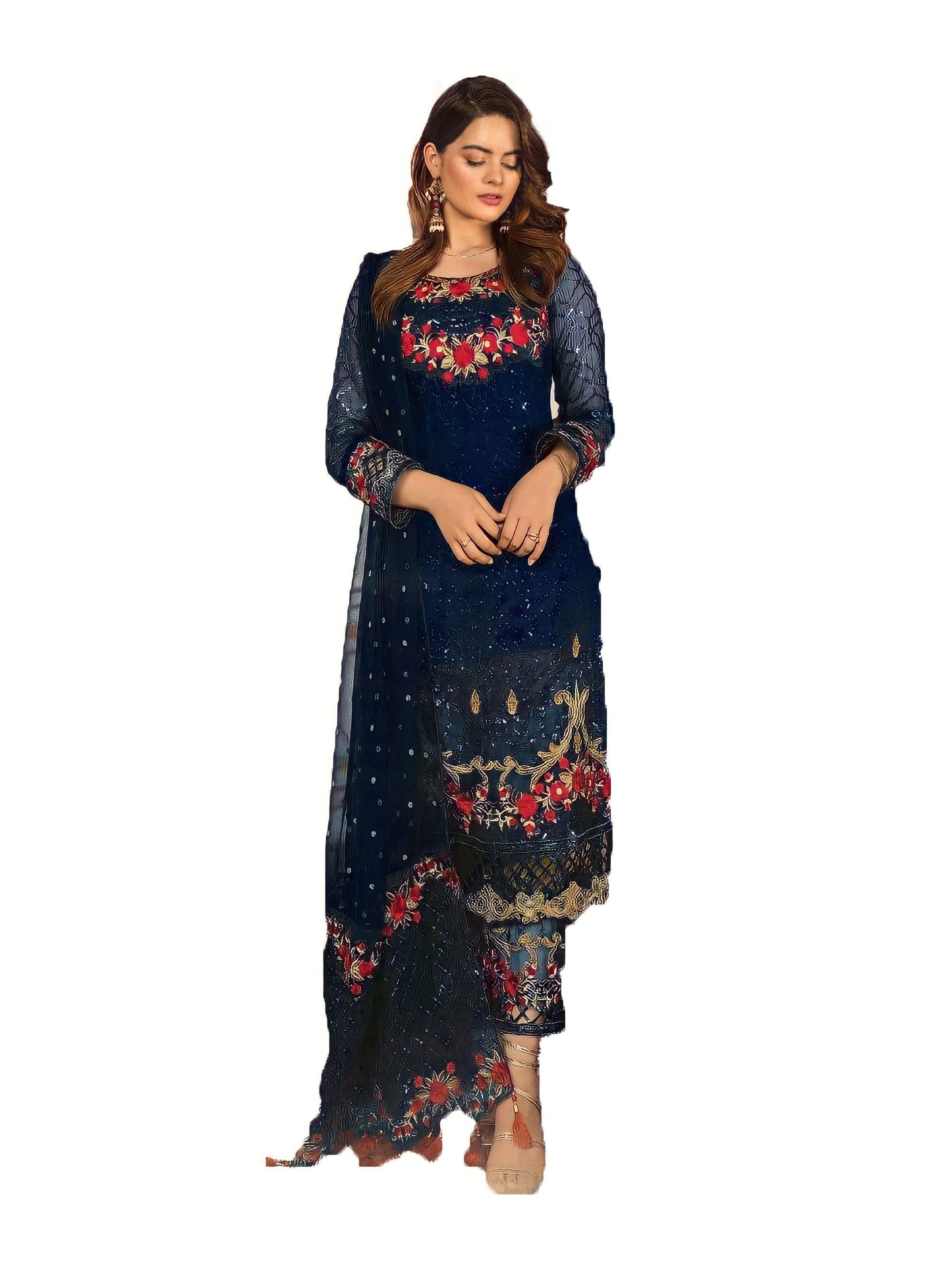 Women's Georgette Semi Stitched Embroidery and Sequence work Anarkali Salwar Suit With Bottom & Dupatta