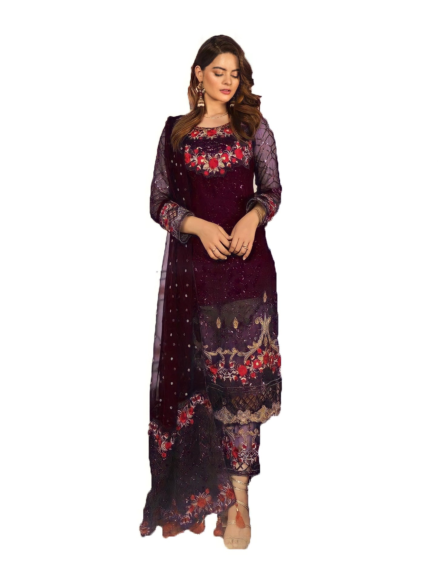 Women's Georgette Semi Stitched Embroidery and Sequence work Anarkali Salwar Suit With Bottom & Dupatta