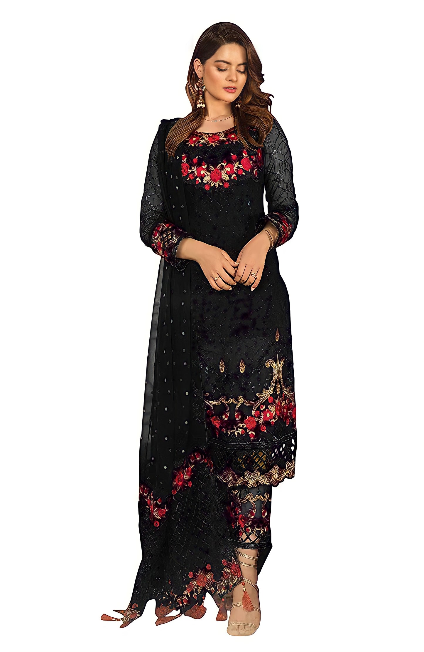 Women's Georgette Semi Stitched Embroidery and Sequence work Anarkali Salwar Suit With Bottom & Dupatta