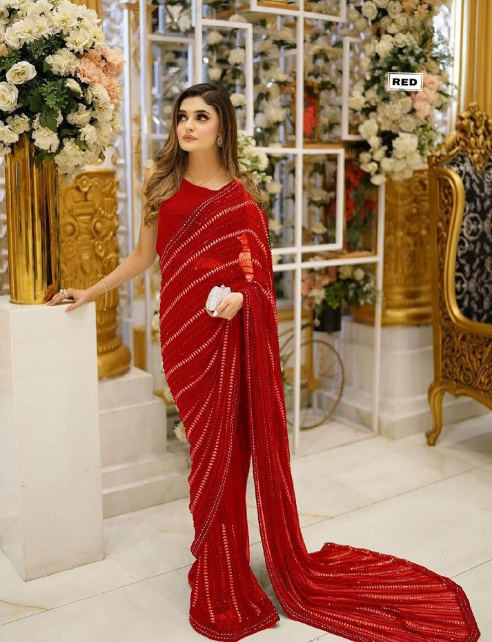 Indian Designer Sarees for Women Bollywood Stylish Georgette Fabric Thread Sequence Work Party Wear Saree
