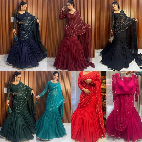 Women's Premium Designer Party Wear Georgette Ready To Wear Lehenga Saree