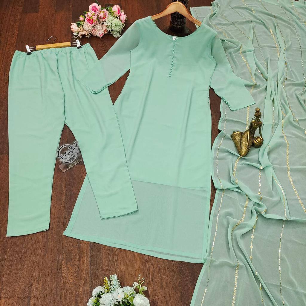 Heavy Faux Georgette With Heavy Paper Mirror Embroidery Work With Full Sleeve Fancy Top-Dupatta and Fully Stitched Bottom