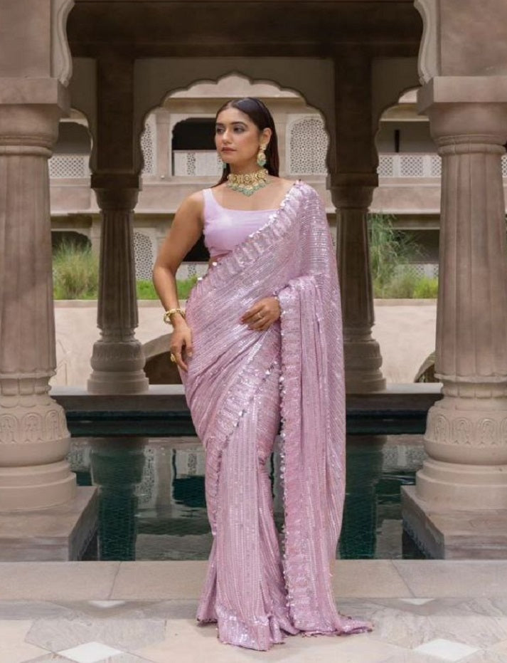 Baby Pink Georgette Sequence Embroidery Work Designer Beautiful Saree, Stunning Look Party Wear Saree With Silk Blouse