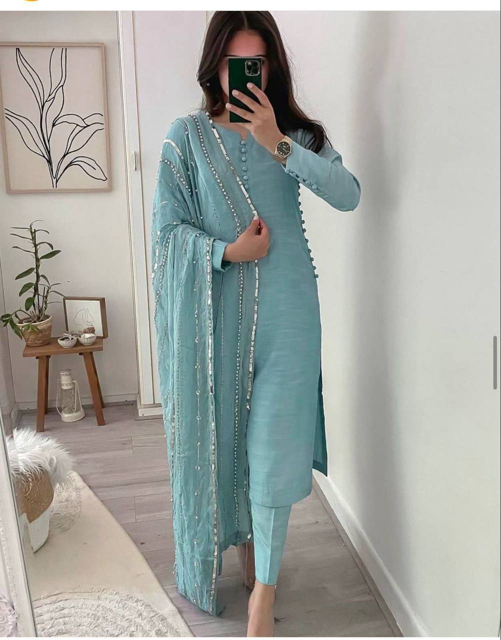 Heavy Faux Georgette With Heavy Paper Mirror Embroidery Work With Full Sleeve Fancy Top-Dupatta and Fully Stitched Bottom