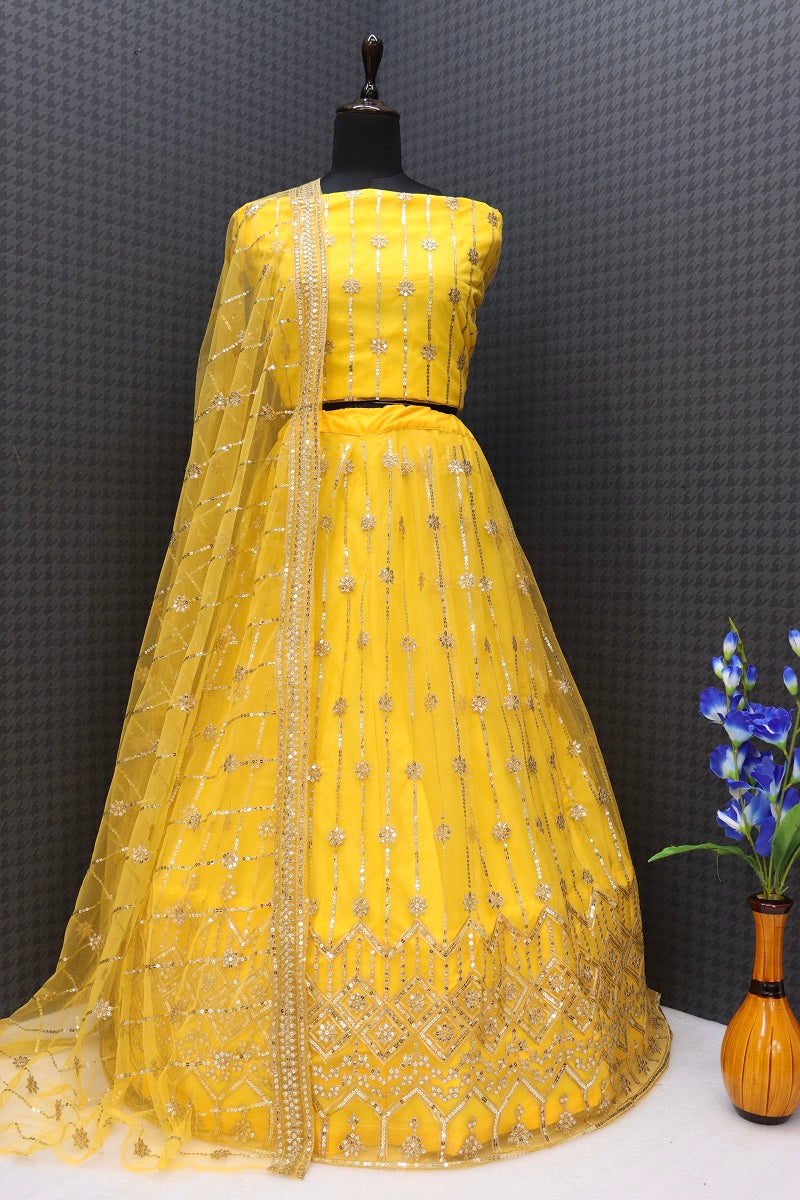 Haldi Special Yellow Premium Soft Net Designer Lehenga Choli With Sequence Embroidery Work Party Wear Lehenga Choli