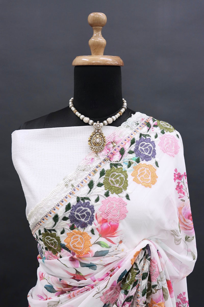infloura Saree For Women's Pure georgette Silk With Lucknowi Thread Chikankari Work with 9Mm sequins work With Same Blouse Piece
