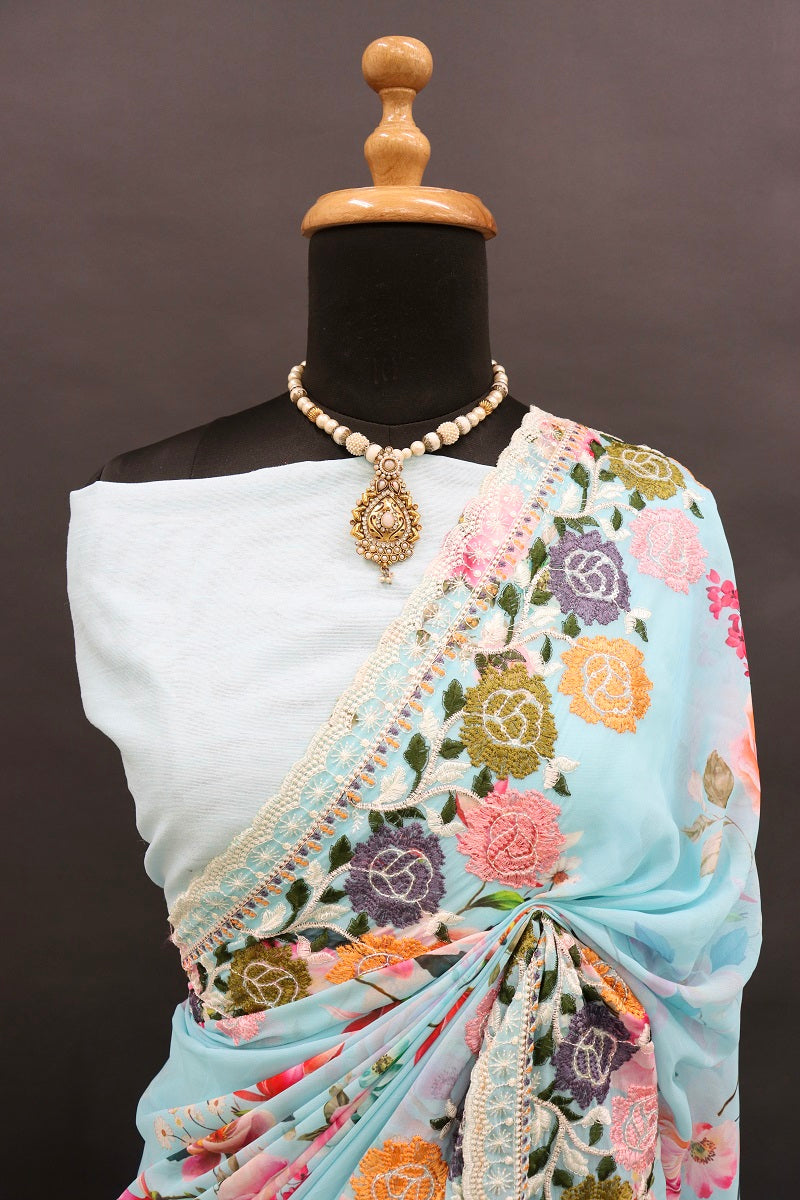 infloura Saree For Women's Pure georgette Silk With Lucknowi Thread Chikankari Work with 9Mm sequins work With Same Blouse Piece