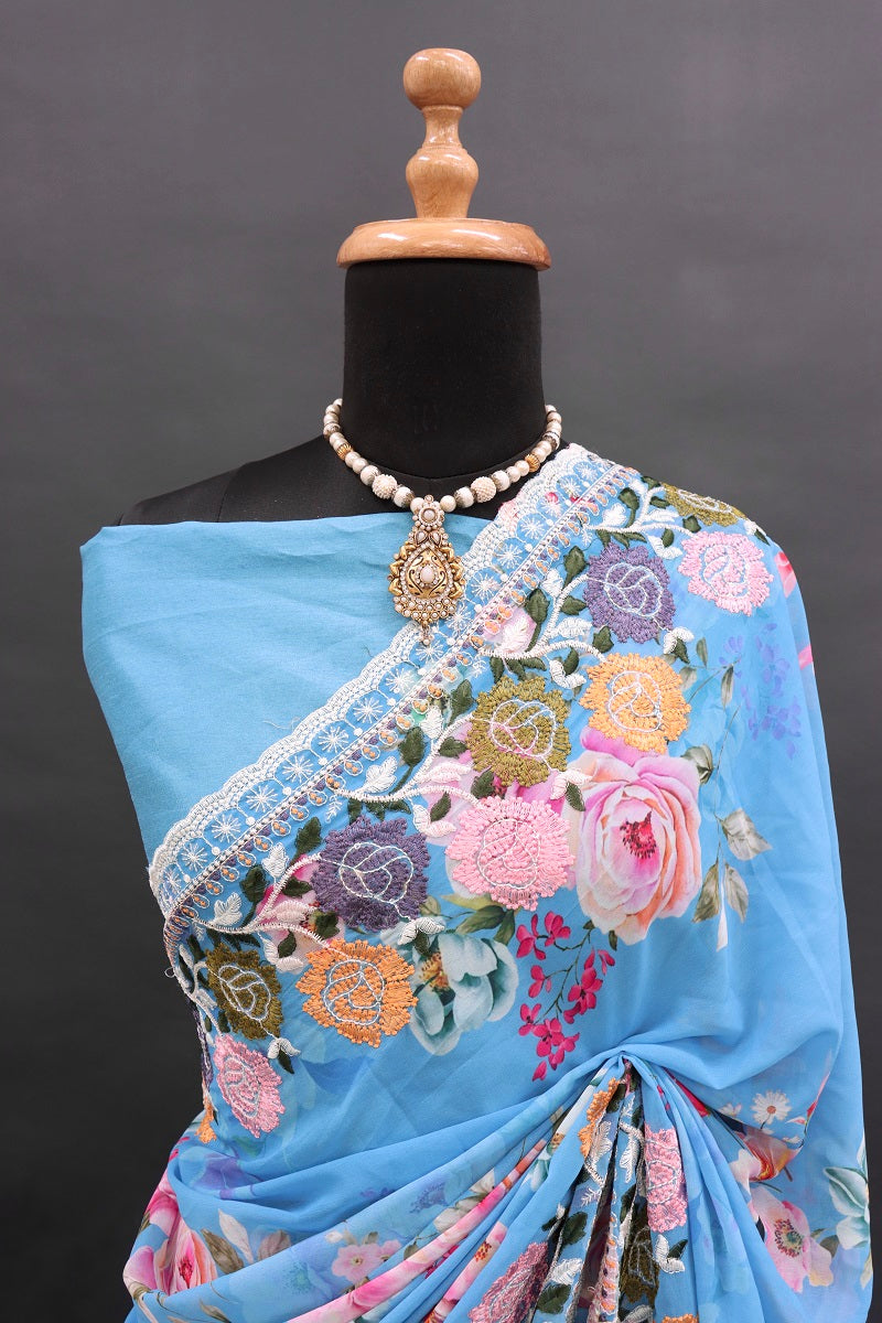 infloura Saree For Women's Pure georgette Silk With Lucknowi Thread Chikankari Work with 9Mm sequins work With Same Blouse Piece