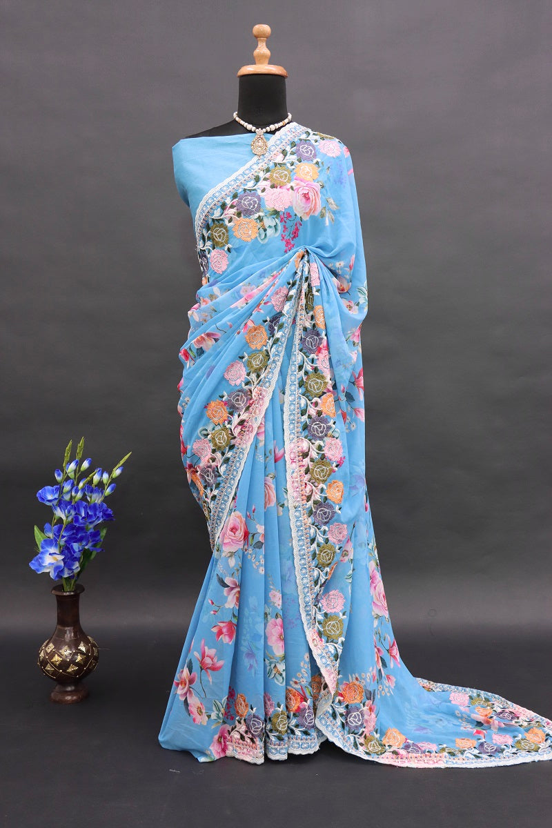 infloura Saree For Women's Pure georgette Silk With Lucknowi Thread Chikankari Work with 9Mm sequins work With Same Blouse Piece