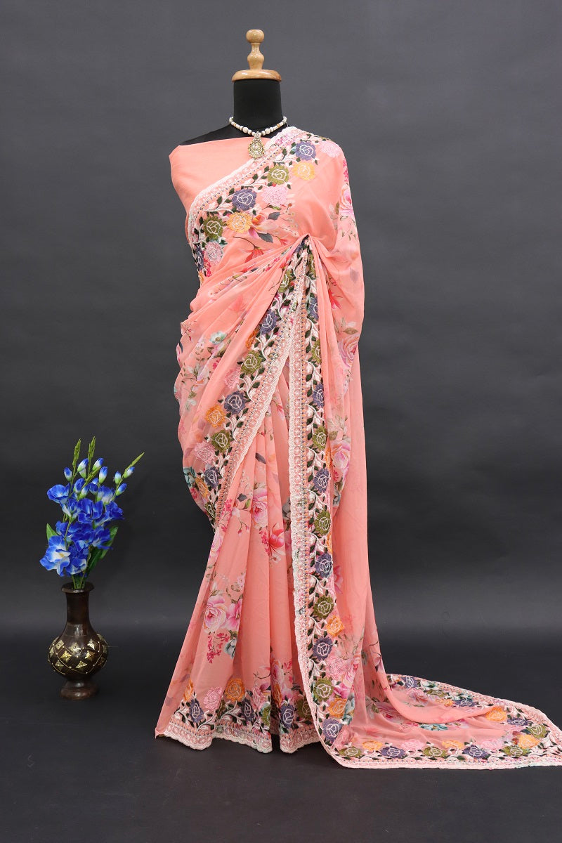 infloura Saree For Women's Pure georgette Silk With Lucknowi Thread Chikankari Work with 9Mm sequins work With Same Blouse Piece