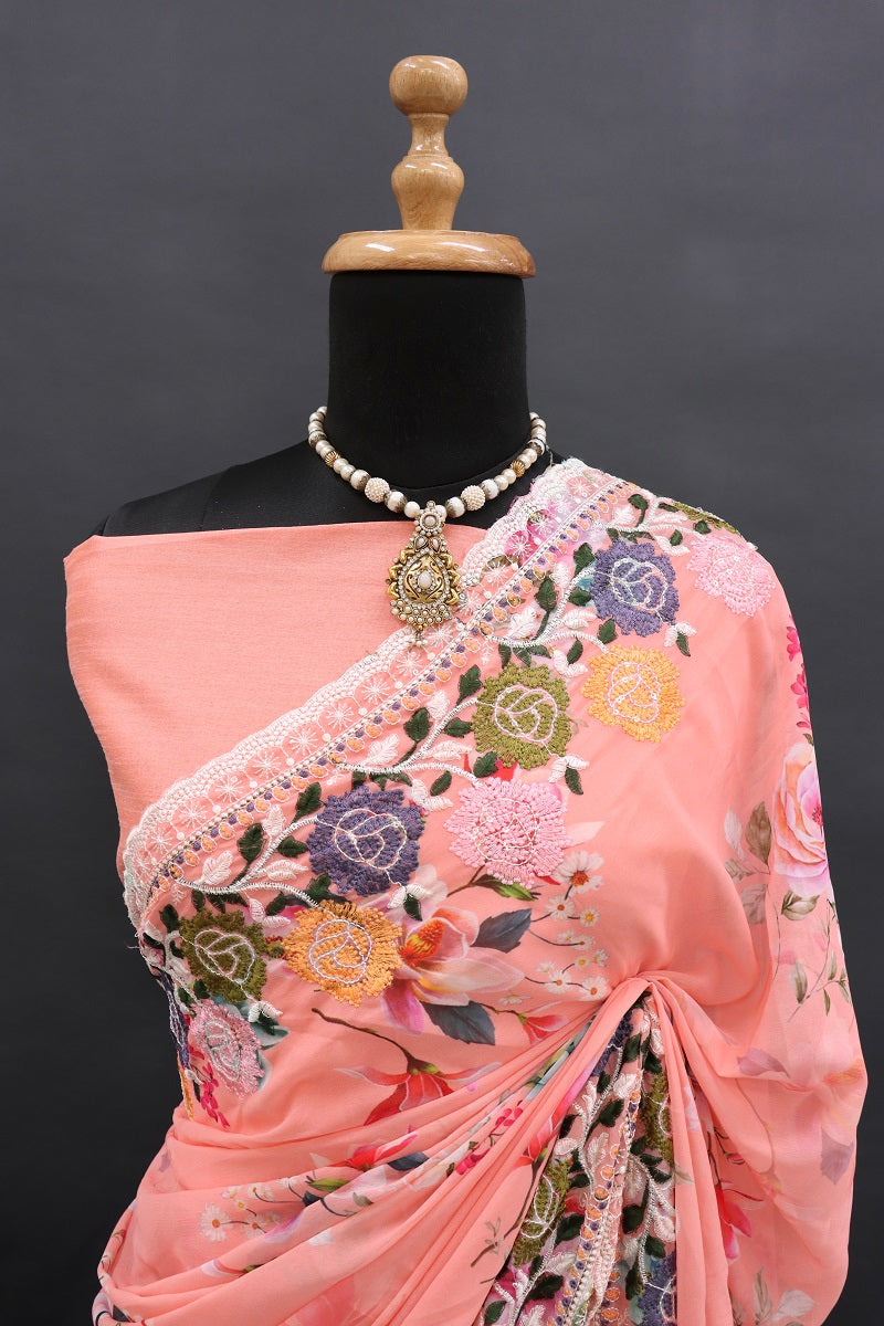 infloura Saree For Women's Pure georgette Silk With Lucknowi Thread Chikankari Work with 9Mm sequins work With Same Blouse Piece