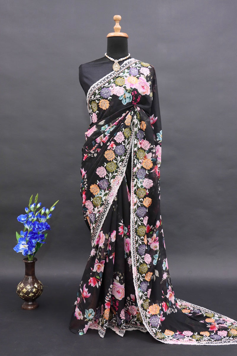 infloura Saree For Women's Pure georgette Silk With Lucknowi Thread Chikankari Work with 9Mm sequins work With Same Blouse Piece
