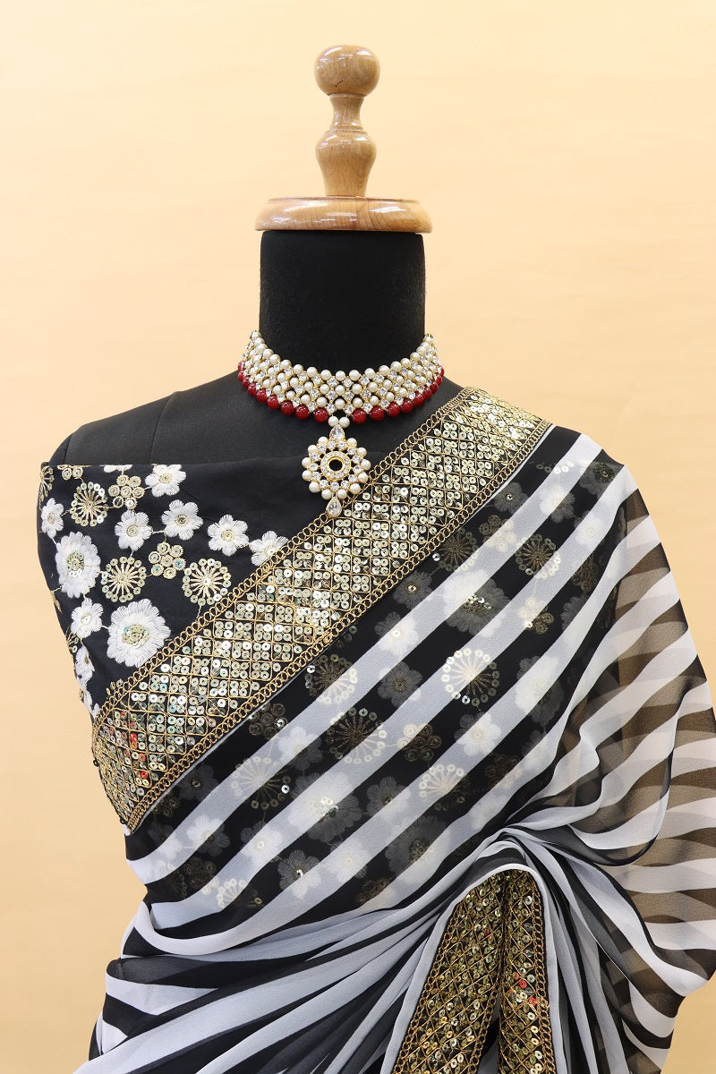 Women's Black and White Striped With Lace Embellsihed Georgette Saree With Tafeta Silk Blouse