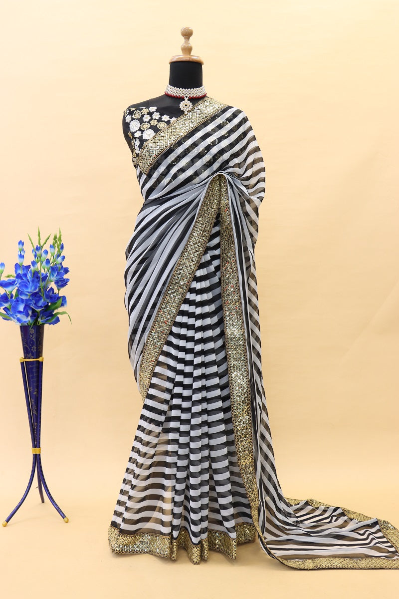 Women's Black and White Striped With Lace Embellsihed Georgette Saree With Tafeta Silk Blouse