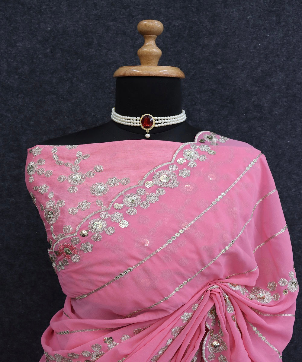 Pink Tranding Faux Georgette Sequence Work Saree With Fancy Thread Work