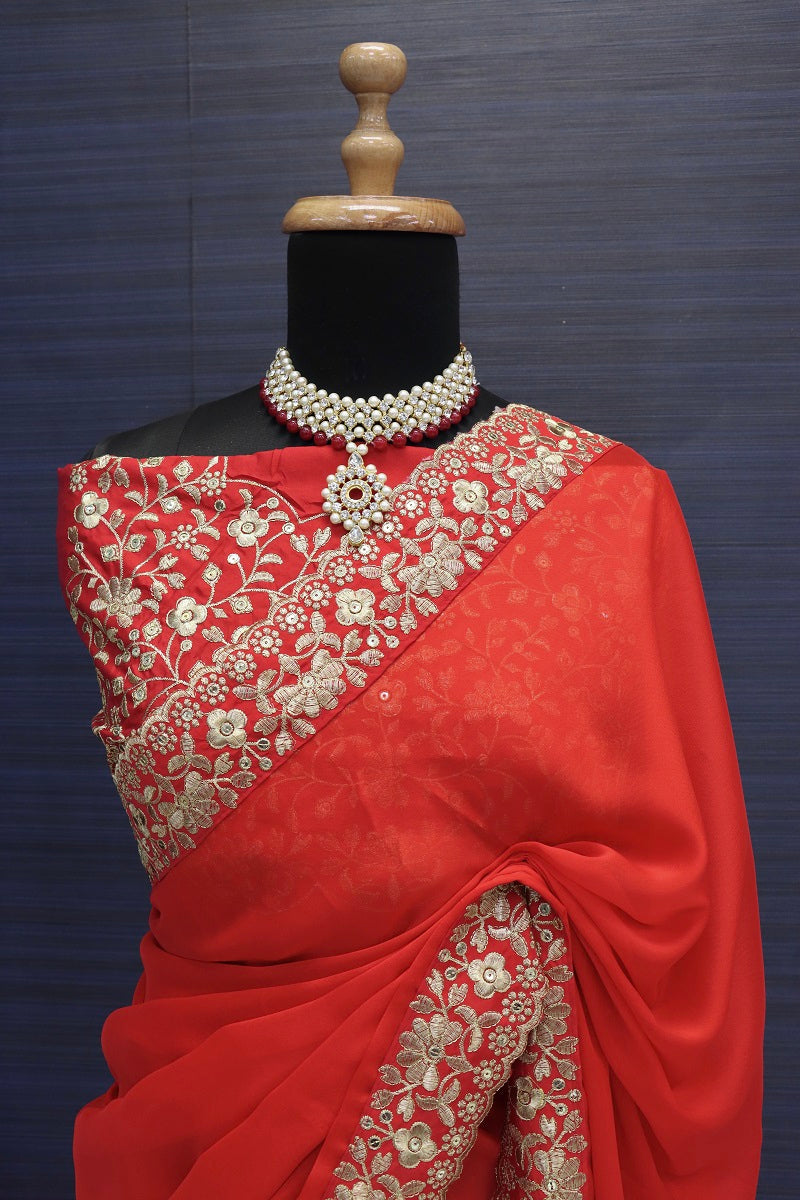 Madhuri Dixit Red Color Soft georgette Gold thread Zari and sequence work Wedding Party Wear Saree
