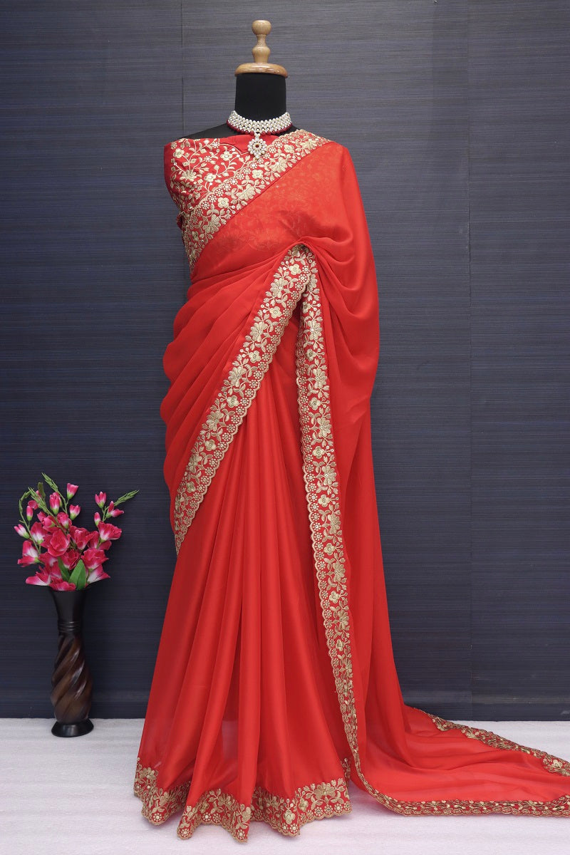 Madhuri Dixit Red Color Soft georgette Gold thread Zari and sequence work Wedding Party Wear Saree
