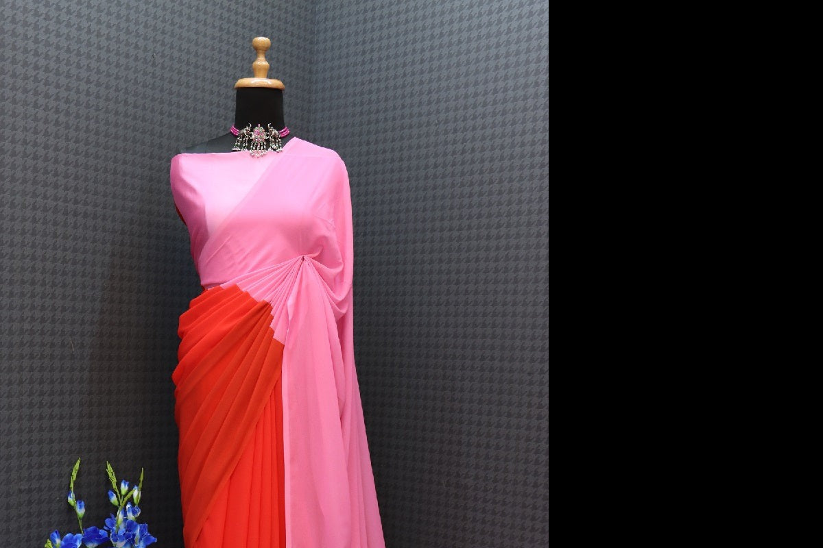 Red&Pink Designer Faux Georgette Digital Printed Alia Bhatt Saree for Women Bollywood Saree with Tafeta Silk Blouse