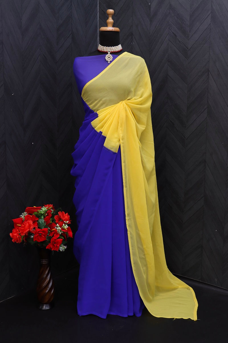 Blue and yellow georgette ready to wear alia bhatt bollywood saree
