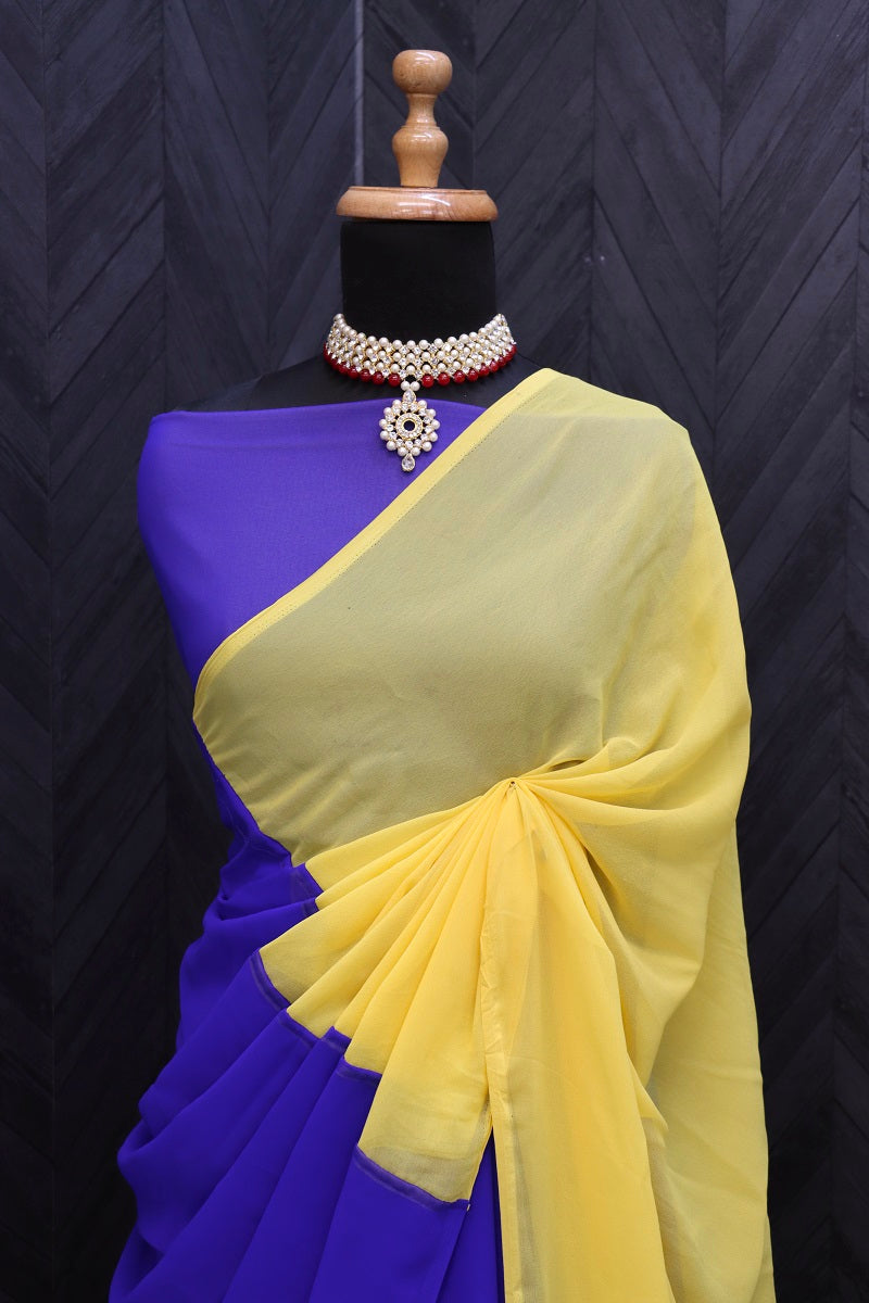Blue and yellow georgette ready to wear alia bhatt bollywood saree
