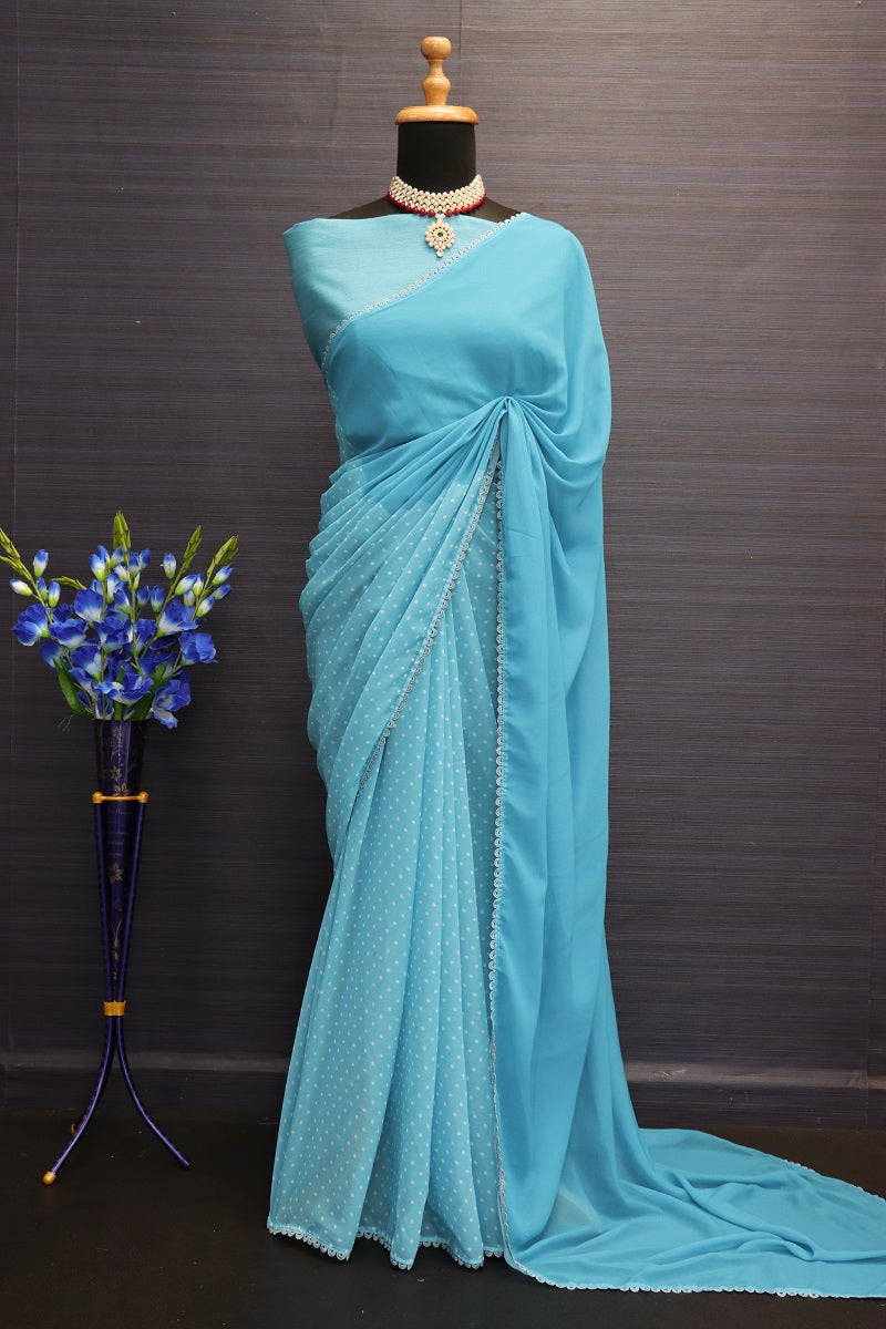 Women's Beutiful Faux Georgette Sky Blue Coloured Saree With Mono Benglori Silk Blouse