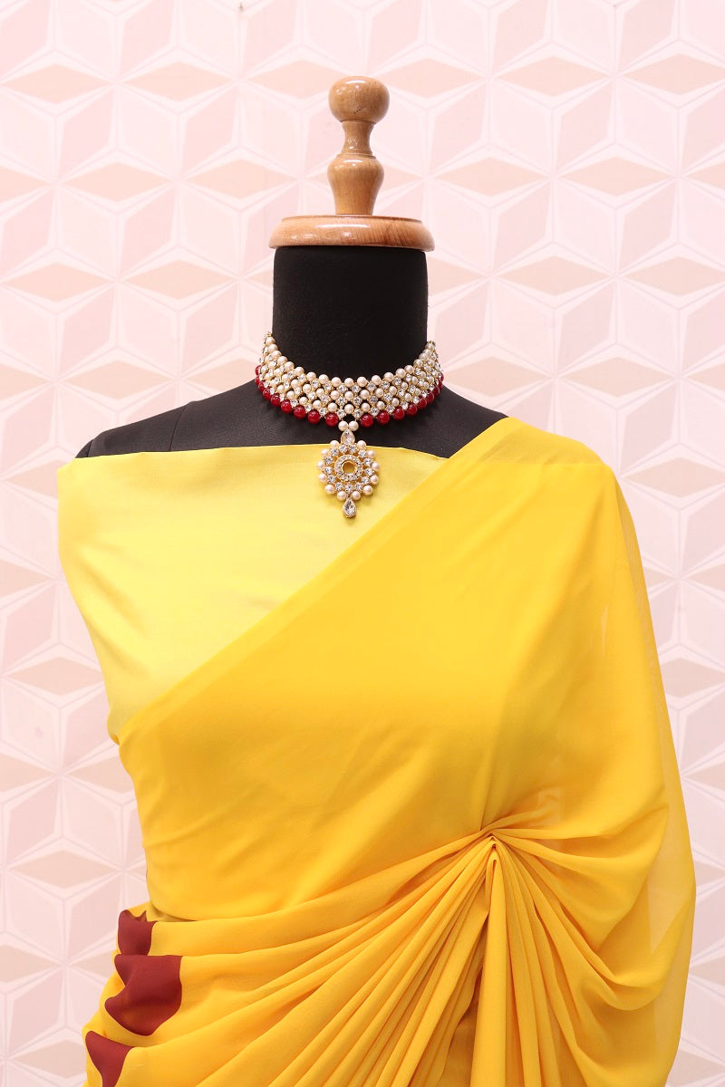 Yellow Faux Georgette Digital Printed Bollywood Saree For Womens With Beautiful Blouse Piece