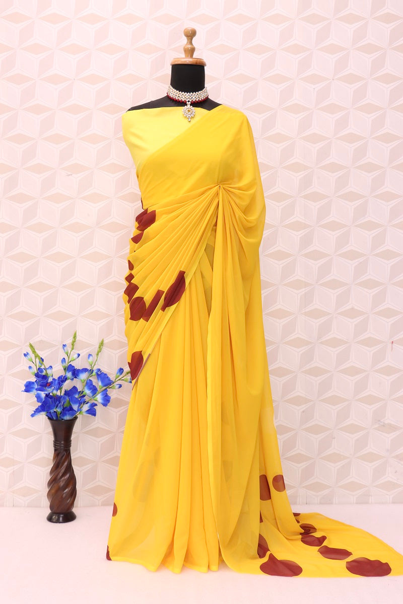 Yellow Faux Georgette Digital Printed Bollywood Saree For Womens With Beautiful Blouse Piece