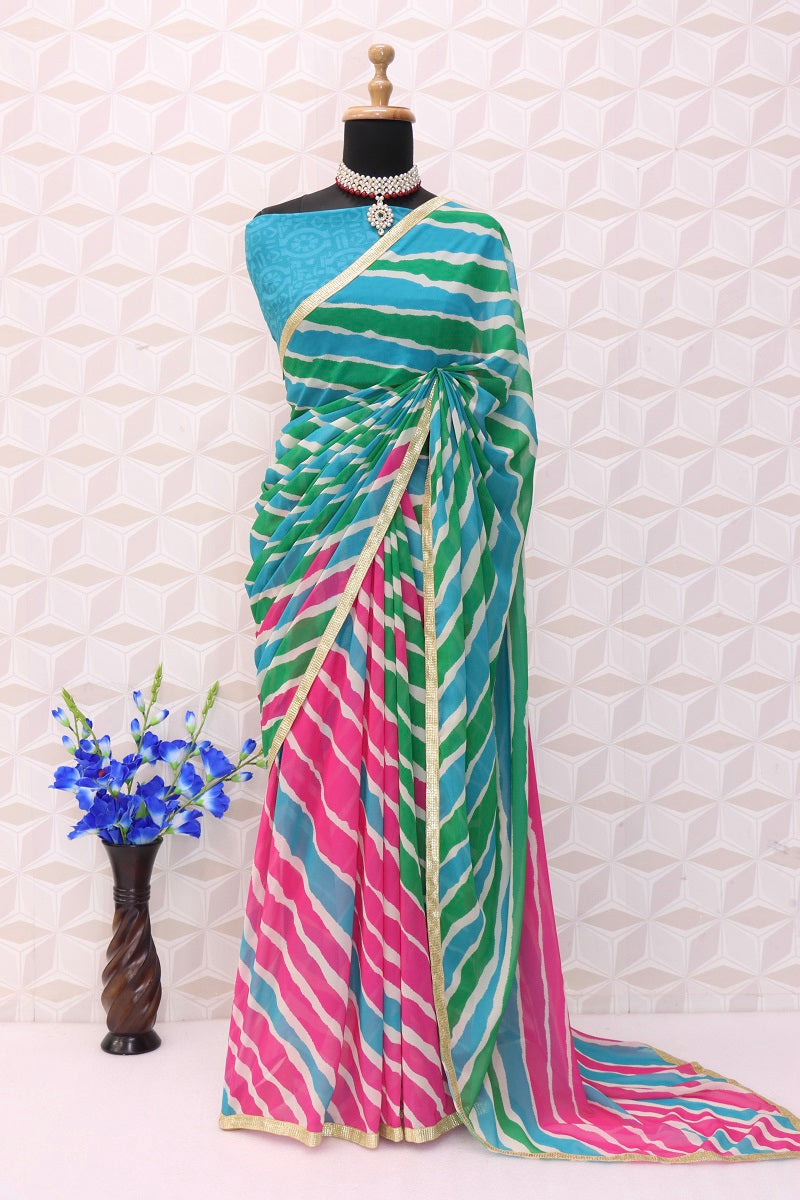 GREEN-Pink Alia bhatt Rocky and Rani Movie saree-Bridesmaid Georgette Bandhani Print Designer Boarder Saree with Blouse partywear saree