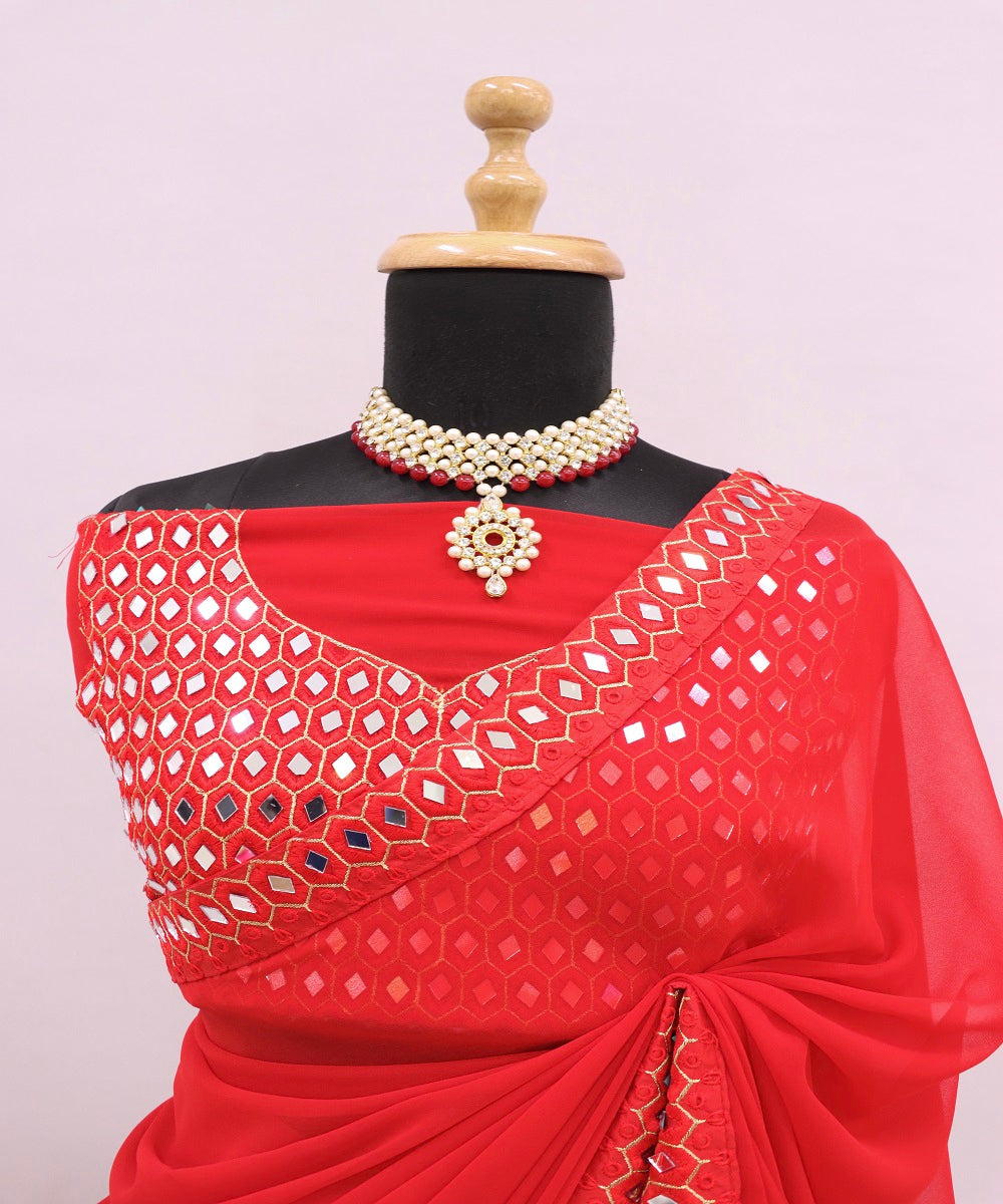 Red Color Women's Bollywood Fancy Georgette Saree With Unstitched Mirror Worked Blouse