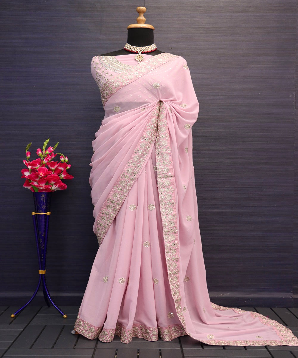 Pink Georgette Hand Embroidered Work Pre-draped Saree And Blouse Set For Women