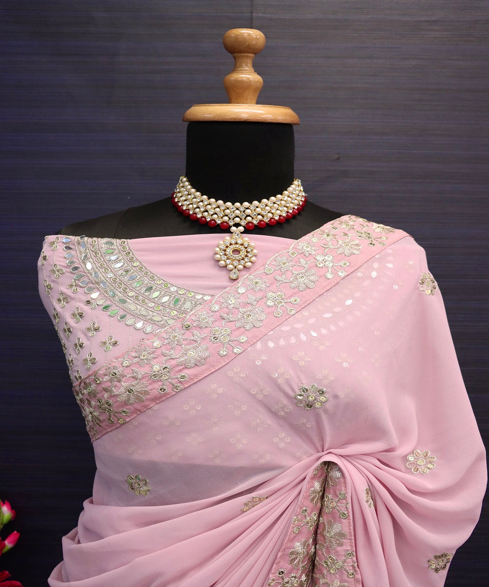 Pink Georgette Hand Embroidered Work Pre-draped Saree And Blouse Set For Women