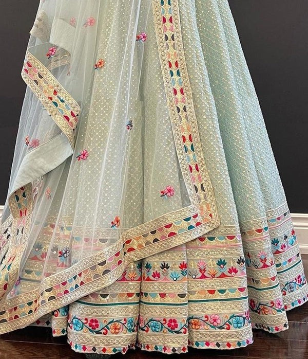 Women's Sky Blue Faux Georgette Designer Semi-stitched Lehenga Choli and Dupatta for Wedding & Haldi Function