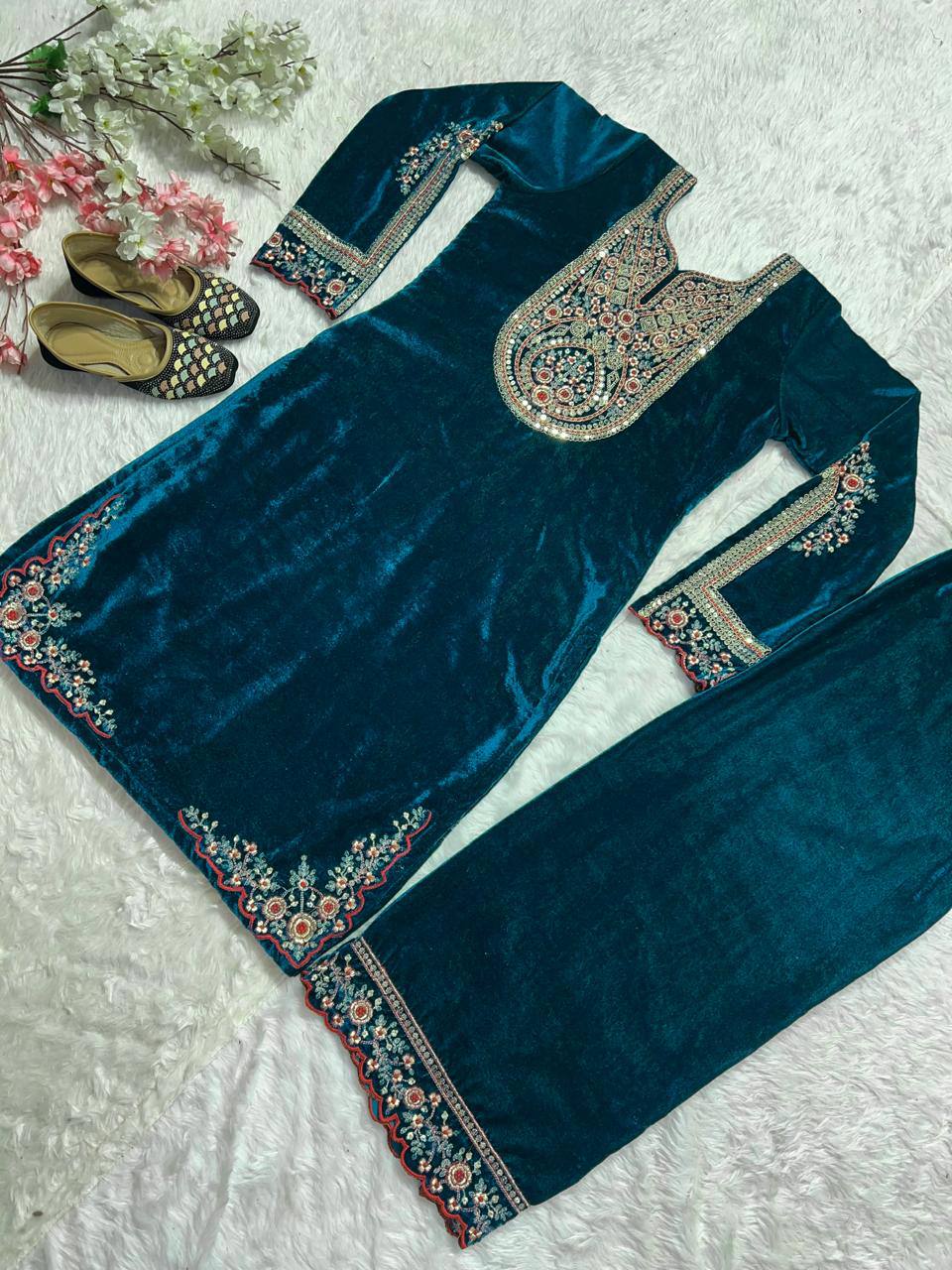 Designer Heavy Viscose Velvet Suit Set with Full Embroidery & Sequins Work Fully Stitched Top and Pant for Women Party & Wedding Wear
