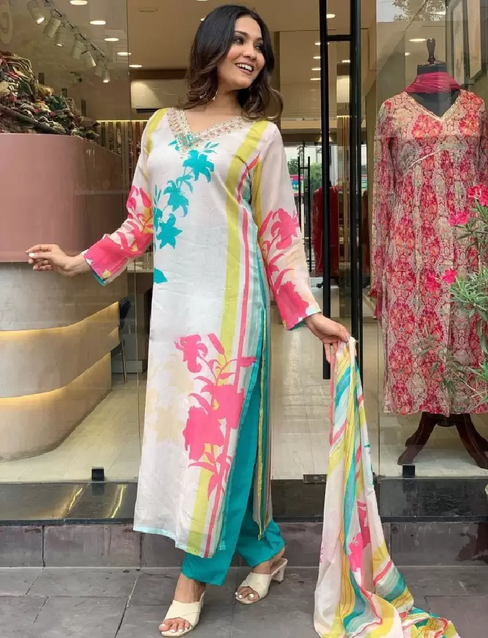 Beautiful Viscose Organza digital print kurti paired with Shantoon pant and pure Viscose organza digital print duppata