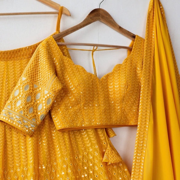 Mustard Yellow Georgette Desinger Attractive Wedding Party Wear Lehenga Choli For Womens