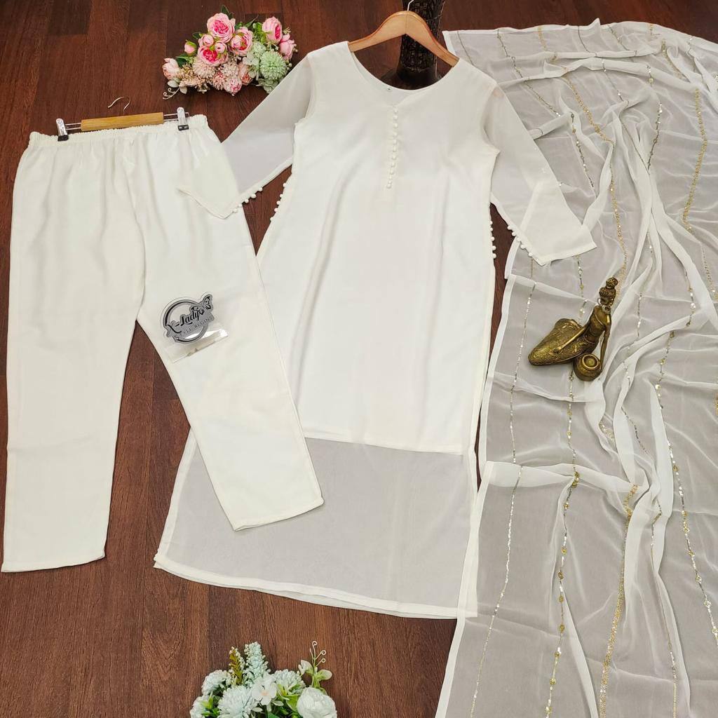 Heavy Faux Georgette With Heavy Paper Mirror Embroidery Work With Full Sleeve Fancy Top-Dupatta and Fully Stitched Bottom