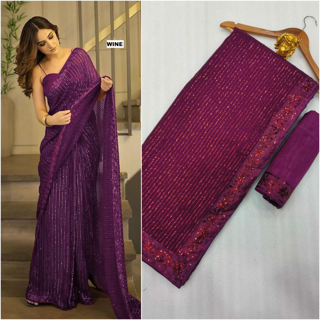 New Bollywood Blockbuster 3MM Sequins Georgette Saree with Silk Blouse | Premium Quality Embroidered Lace Border