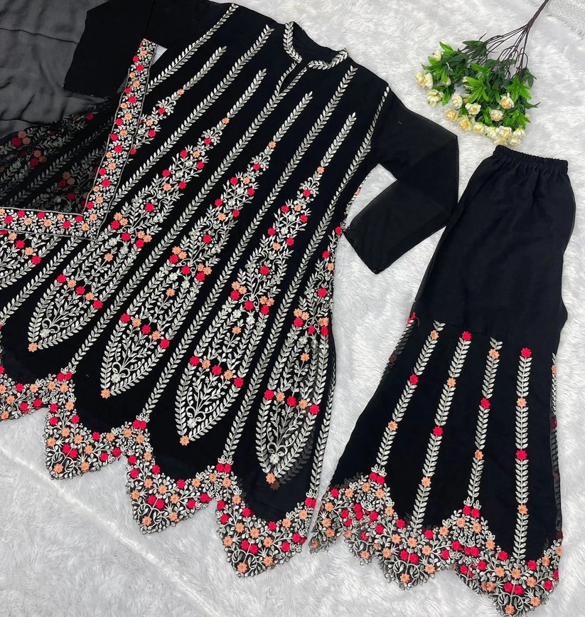 Traditional Black Georgette Multi Thread Embroidered Stitched Wedding Wear Suit