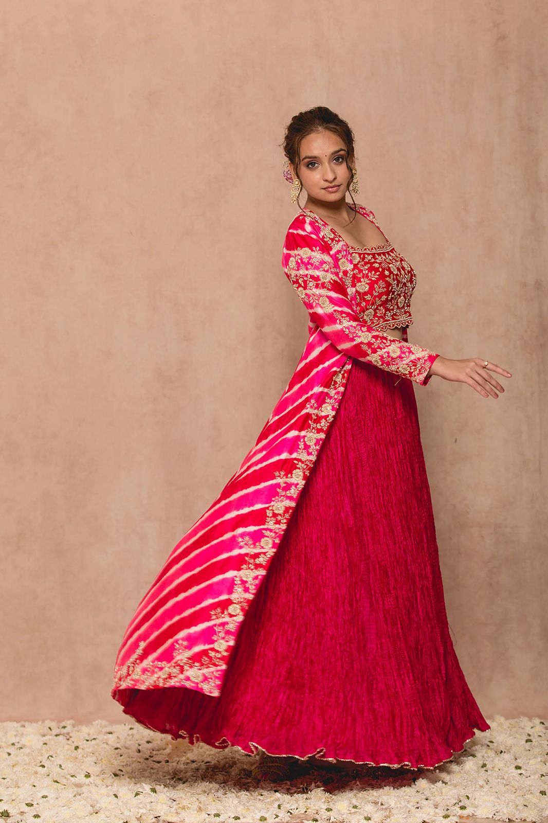 Pink Cotton Embroidered Thread Work Square Leheriya Jacket Lehenga Set For Women