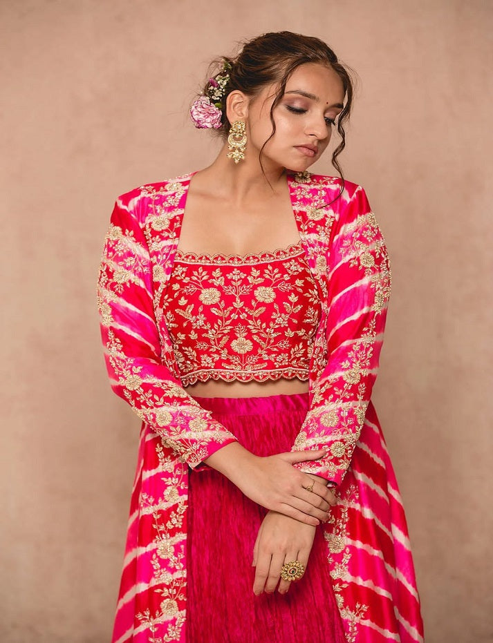 Pink Cotton Embroidered Thread Work Square Leheriya Jacket Lehenga Set For Women
