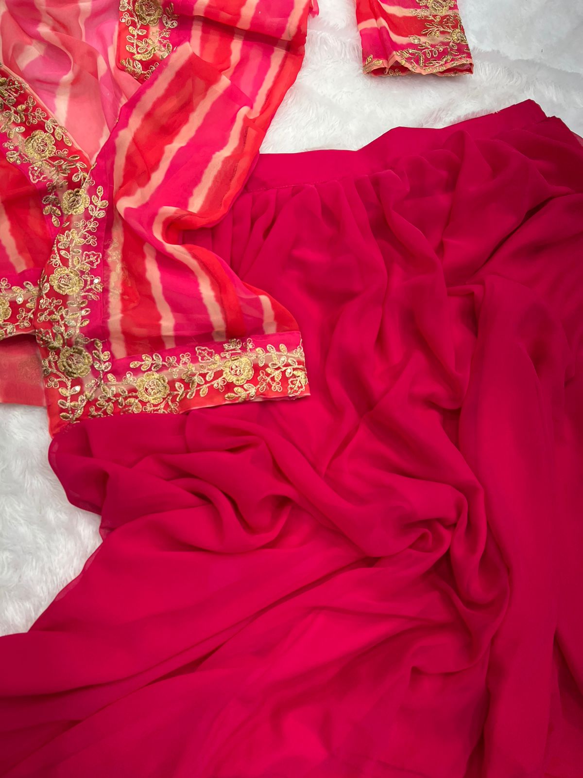 Pink Cotton Embroidered Thread Work Square Leheriya Jacket Lehenga Set For Women