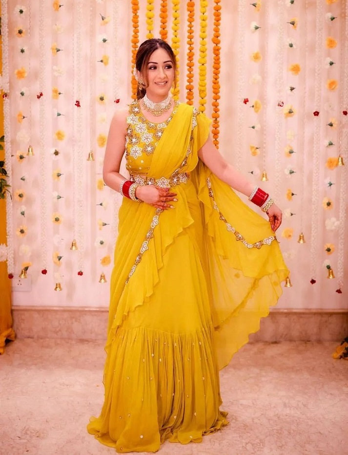 YELLOW NEW DESIGNER PARTY WEAR LAHENGA SAREE WITH STICH BLOUSE WITH EMBROIDERY WORK SAREE BEST FOR HALDI FUNCTION