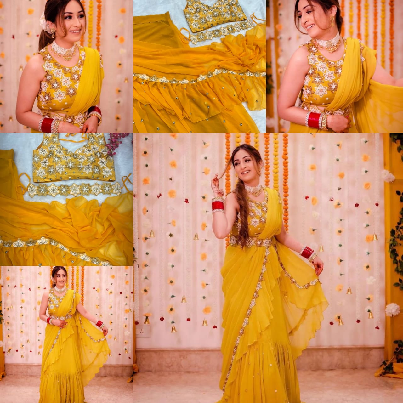 YELLOW NEW DESIGNER PARTY WEAR LAHENGA SAREE WITH STICH BLOUSE WITH EMBROIDERY WORK SAREE BEST FOR HALDI FUNCTION