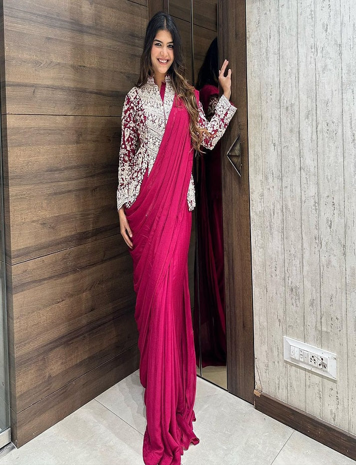 New Super Trending Embroidery cording work ready to wear saree with full koti